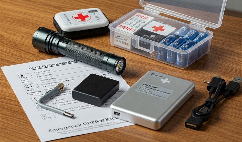 Monsoon emergency kit with essentials like torch, first aid, and batteries for power backup.