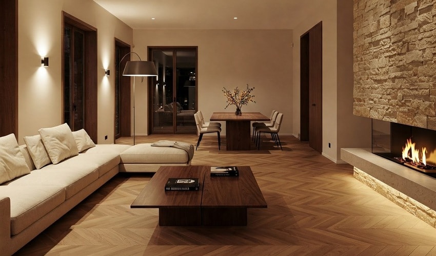 Elegant luxury living room with natural materials and ambient lighting creating warmth and sophistication.
