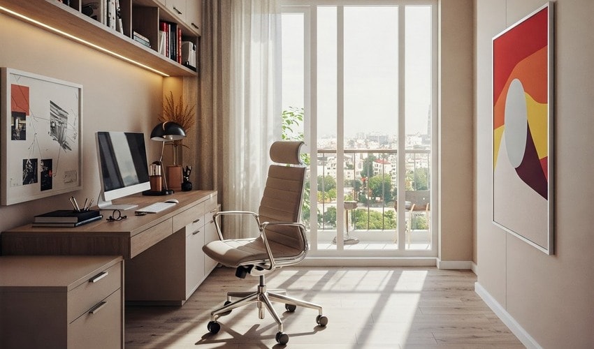 Modern home office setup in a spacious 4 BHK apartment for productivity.