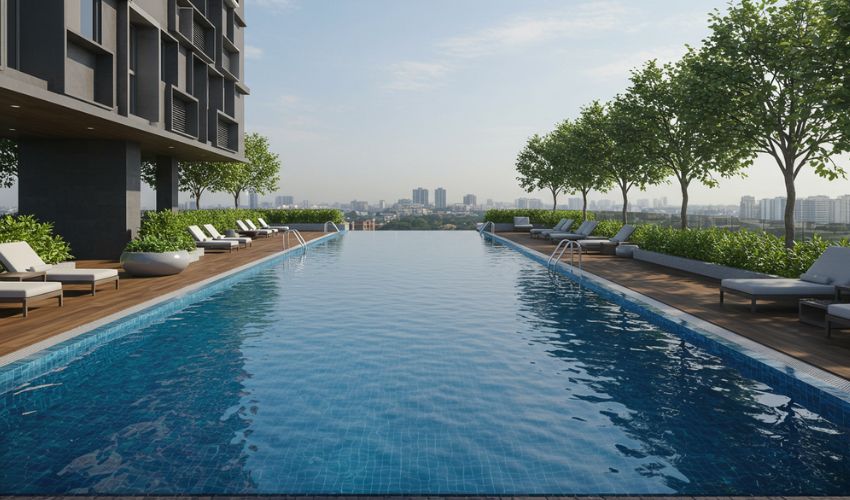 Rooftop infinity pool at 24K Manor, offering panoramic views of Pune and luxury amenities for residents to enjoy