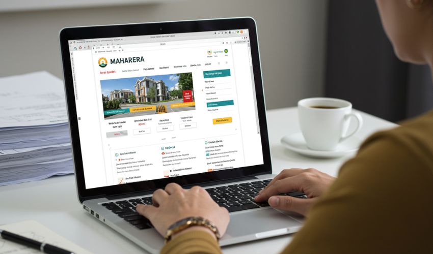 Checking RERA project status on laptop.