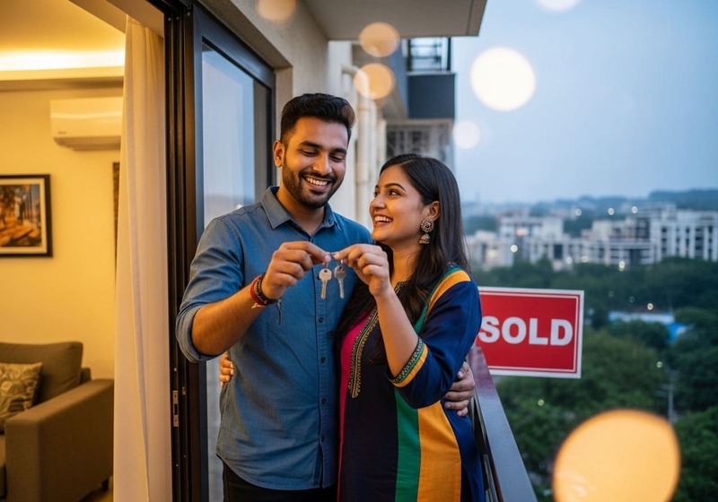 First-time homebuyers in India celebrating new apartment purchase while availing home loan tax benefits