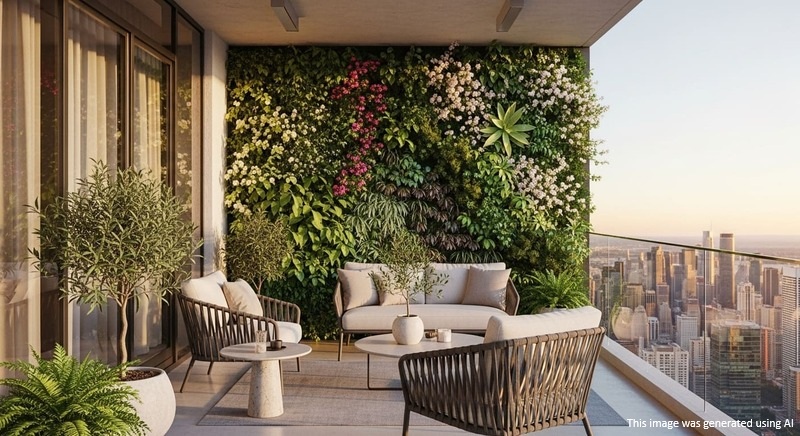 Balcony garden design with indoor plants and seating
