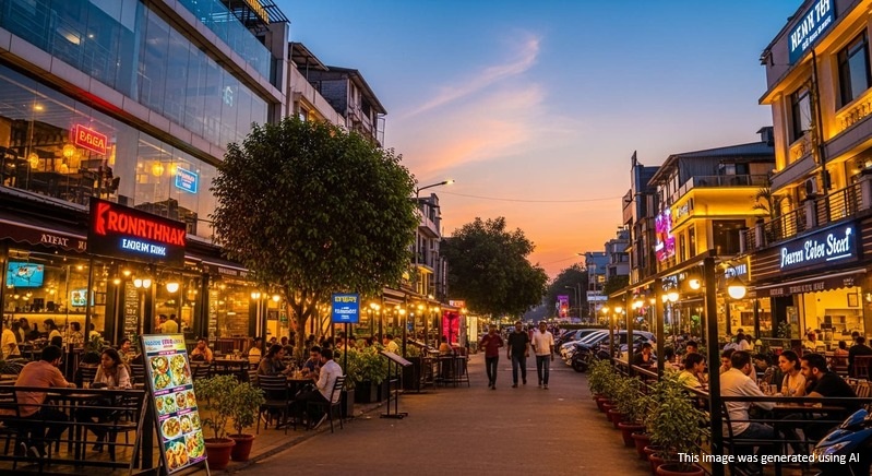 Baner lifestyle image with cafés and dining spaces near Pan Card Club Road.