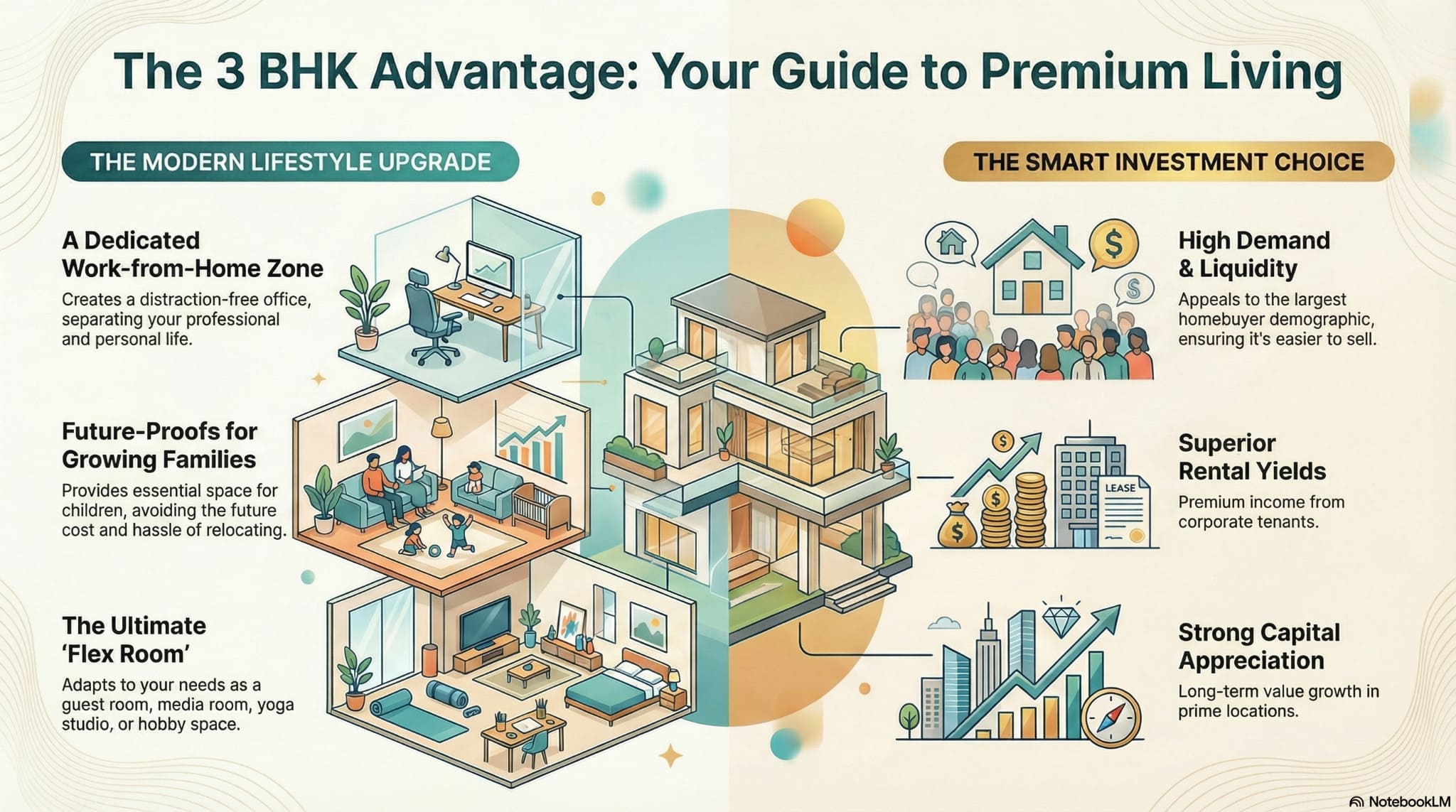 Infographic detailing the 3 BHK advantage in Pune: a modern lifestyle upgrade with a dedicated work-from-home zone and flex room, plus smart investment choices with high demand, superior rental yields, and strong capital appreciation.