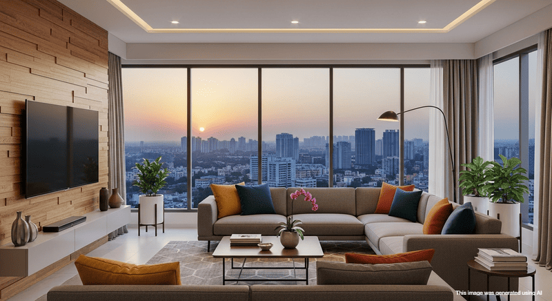 Interior of luxury apartment for sale near Pan Card Club Road Pune with skyline view