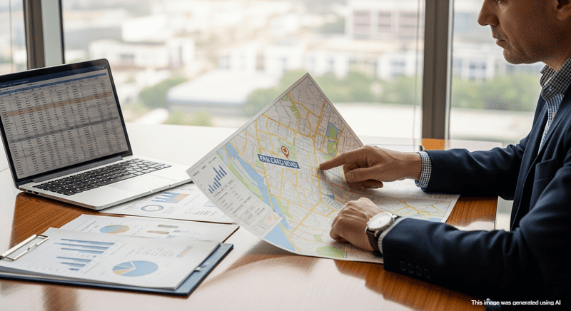 Investor checking property map with Pan Card Club Road highlighted, planning real estate investment