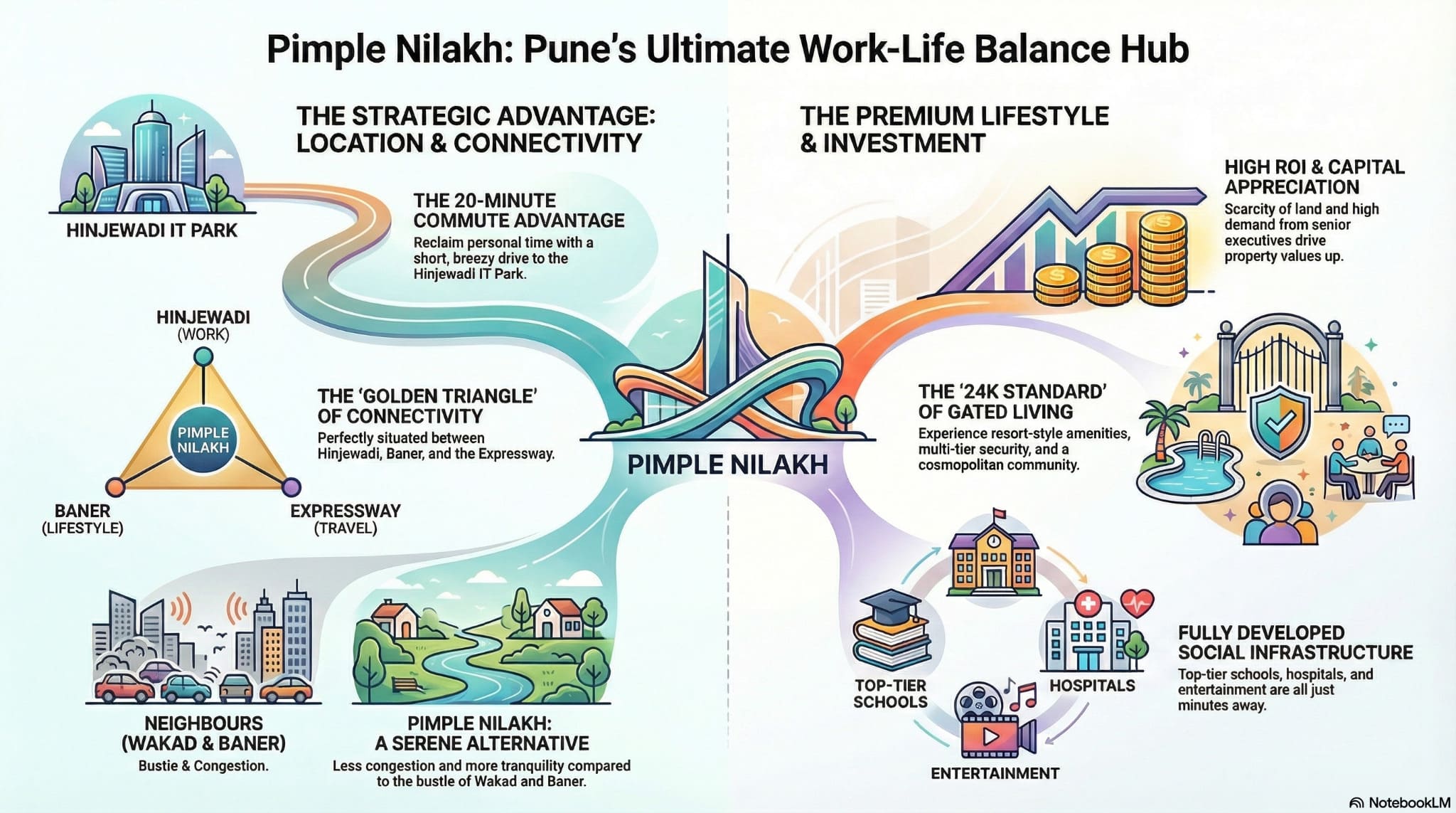 Infographic illustrating Pimple Nilakh as Pune's ultimate work-life balance hub, highlighting the 20-minute commute to Hinjewadi IT Park, Golden Triangle connectivity, high ROI real estate investment potential, and 24K gated community lifestyle amenities.