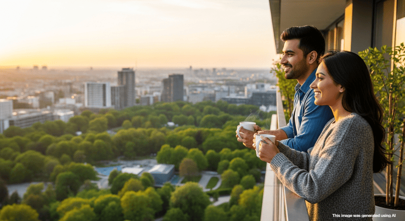 Couple enjoying work-life balance in a high-rise apartment balcony in West Pune real estate market.
