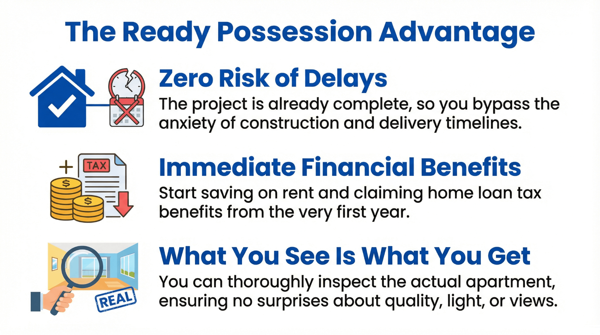 Infographic illustrating the advantages of ready possession homes, highlighting zero risk of delays, immediate financial and tax benefits, and the assurance of inspecting the actual property quality.