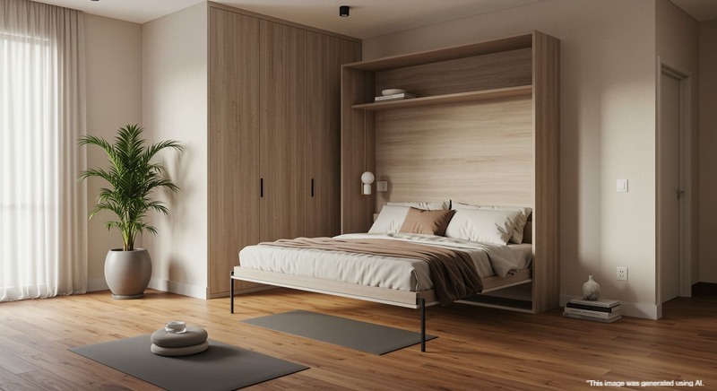 Multi-purpose flex room design with Murphy bed and yoga space.