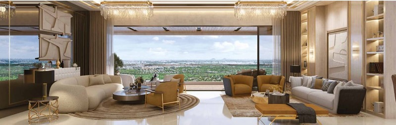 Luxury living room with Italian marble flooring in 4 BHK flats at 24K Manor Pimple Nilakh Pune with natural lighting