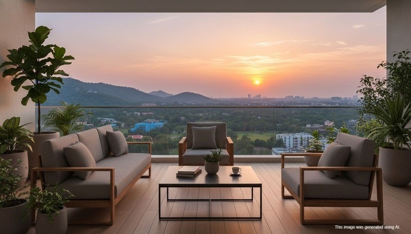 Luxury apartment balcony view in Baner showing scenic Pashan hills green vistas and premium residential living Pune