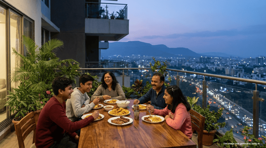 Family enjoying the spacious balcony of a 4 BHK luxury flat in West Pune.