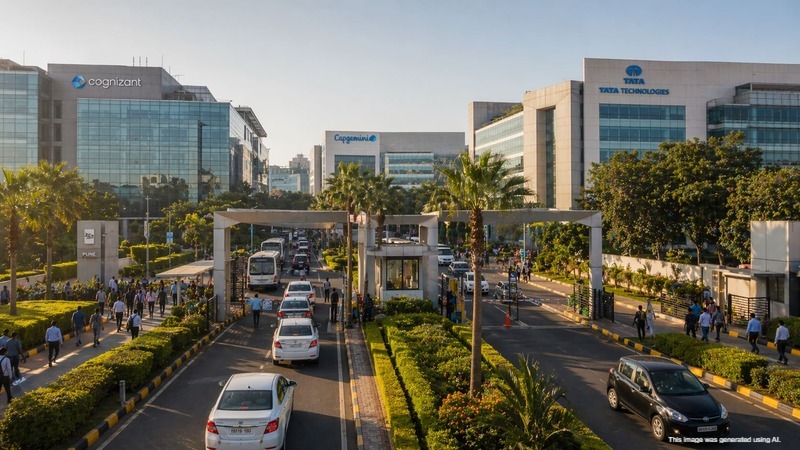 Rajiv Gandhi Infotech Park Hinjewadi Phase 1 showing major IT company offices including Infosys, Wipro, and TCS campuses