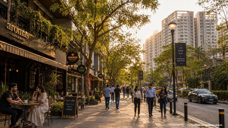 Baner Pune streetscape showing premium cafes, retail outlets, and tree-lined roads with modern residential towers in the background
