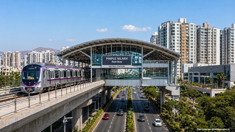 Pune Metro Line 3 elevated station near Baner showing modern metro train, connecting Hinjewadi to Shivajinagar via Pimple Nilakh corridor