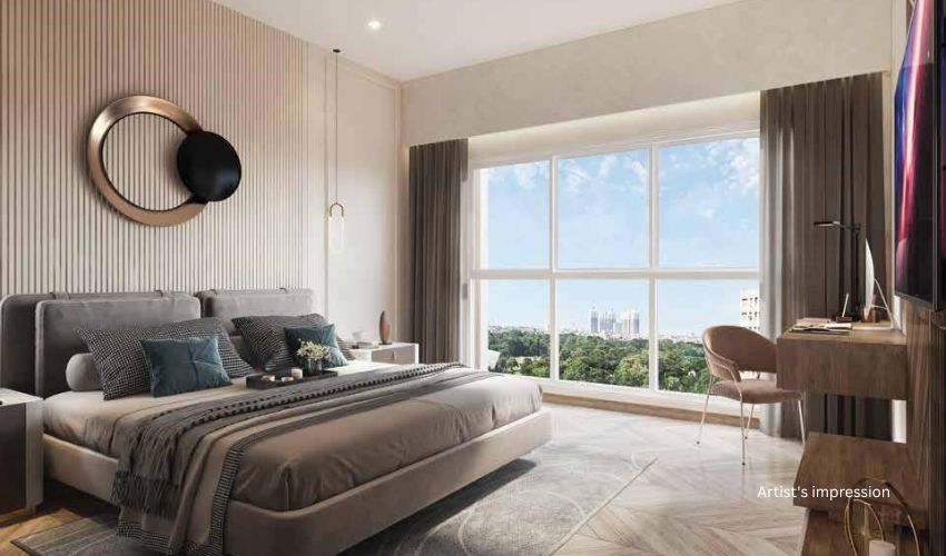 Southwest master bedroom in vastu apartment Pune with south-facing headboard and city view balcony Southwest master bedroom in vastu apartment Pune with south-facing headboard and city view balcony