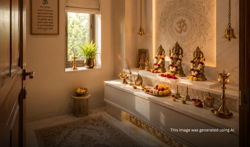 Dedicated northeast pooja room in luxury vastu apartment Pune with marble shelf and brass elements Dedicated northeast pooja room in luxury vastu apartment Pune with marble shelf and brass elements
