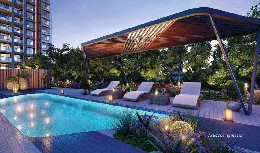 Twilight view of 24K luxury residential towers in Pune with infinity pool and landscaped wellness garden Twilight view of 24K luxury residential towers in Pune with infinity pool and landscaped wellness garden