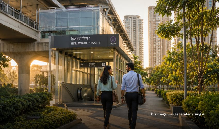 Young IT professionals walking to Pune metro station near luxury residential towers in morning