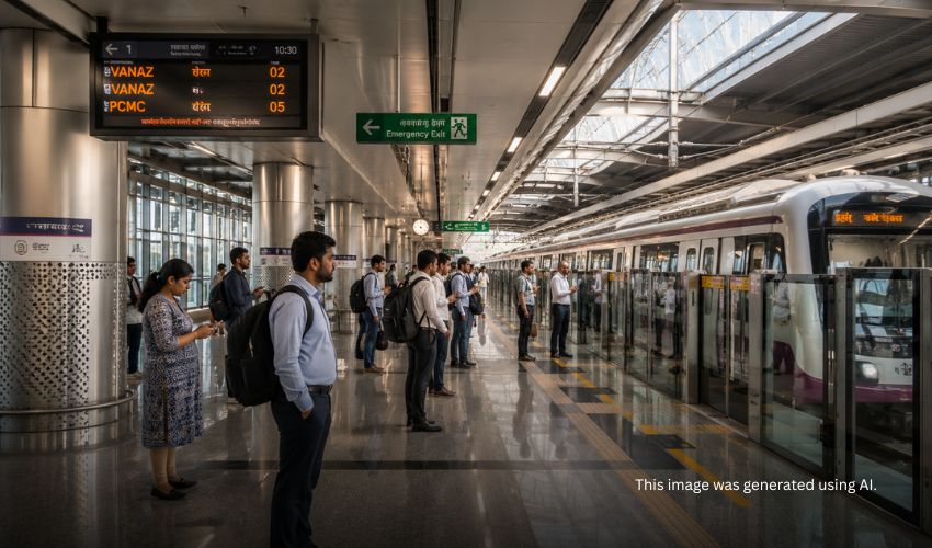 Modern Pune metro station interior with commuters on clean platform and digital signage
