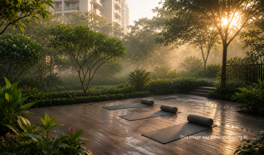 Yoga deck surrounded by greenery at a luxury gated community in Pune designed for wellness and green living