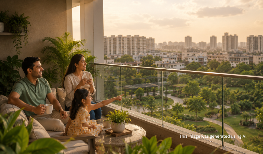 Family enjoying the All Seasons Deck at 24K Manor overlooking landscaped gardens and Pune skyline at Pimple Nilakh