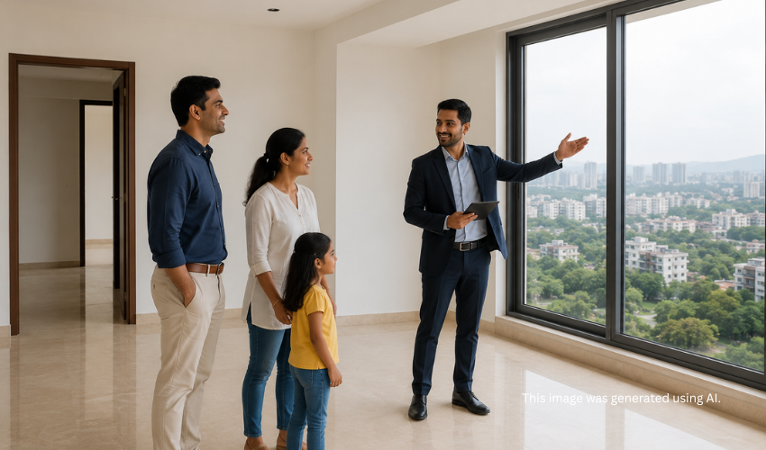 Family on a site visit inspecting a new 3 BHK flat in Pune using a home buying checklist before booking