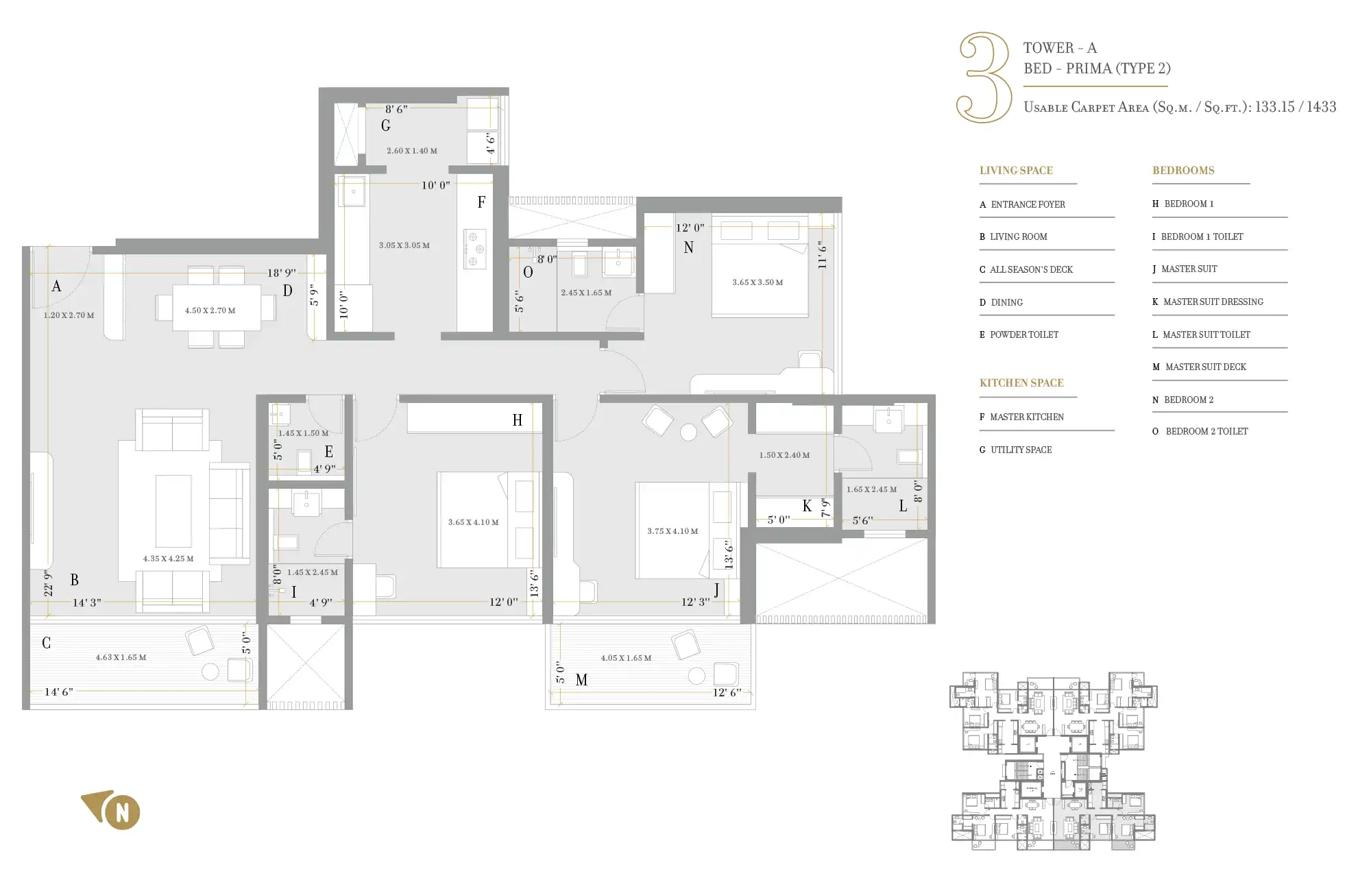 Floor plan for 24K Manor Tower A three-bedroom Prima Type 2 residence.